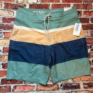 Old Navy Men's Blue and Tan Striped Board Shorts